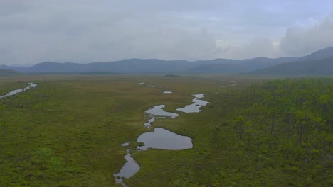Drone-shot-traveling-forward-above-vast-empty-lands-scattered-with-some-lakes-and-rivers-with-some-mountains-and-tropical-forest-during-a-cloudy-day