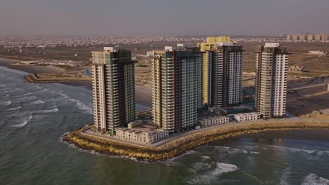Aerial-View-Of-New-EMAAR-Oceanfront-Apartments-Located-At-Crescent-Bay,-Karachi