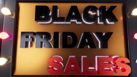 Black-Friday-sales-sign-with-black-and-red-letters,-neon-lights-flashing,-changing-colors,-and-glossy-materials,-3D-animation-camera-zoom-out