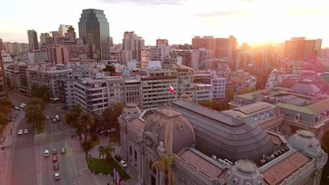 National-Museum-of-Fine-Arts-Aerial-Drone-Above-Santiago-Chile-Architecture-Flag-Country-Downtown,-Skyscrapers,-Daily-Traffic-in-Urban-Andean-Capital-alongside-Parque-Forestal