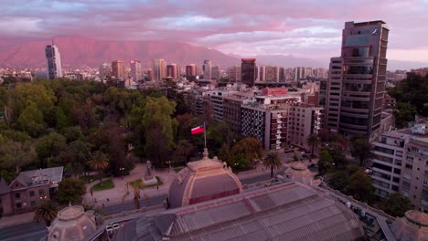 Violet-Sky-Aerial-Drone-Above-Fine-Arts-Museum-Santiago-Chile-Flying-the-Capital-South-American-City-near-Andean-Cordillera,-Top-Notch