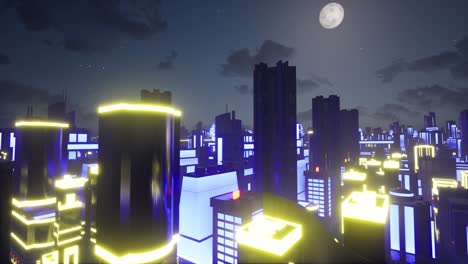 Sci-fi-city-with-bright-colorful-neon-lights-at-night-time-with-large-moon-and-glowing-stars-3D-animation-camera-above-panoramic-view