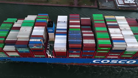 Top-down-aerial-of-Cosco-Shipping-cargo-ship-in-port-at-Savannah