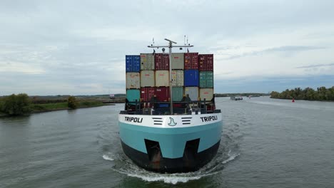 View-Of-Forward-Bow-Of-Tripoli-Cargo-Ship-Navigating-Oude-Maas