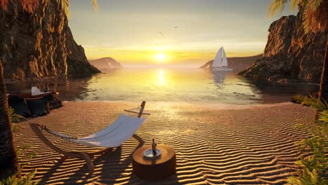 Wunderschöner-Sandstrand-Mit-Wellen,-Klippen,-Palmen,-Strandkorb-Und-Einem-Kleinen-Tisch-Mit-Einer-Flasche-Wein,-3D-Animation,-Sonnenuntergangszeit