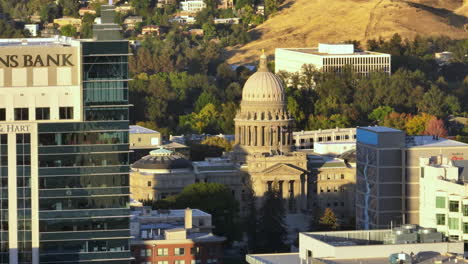Telephoto-aerial-of-Idaho-capital-building-in-downtown-Boise-cityscape