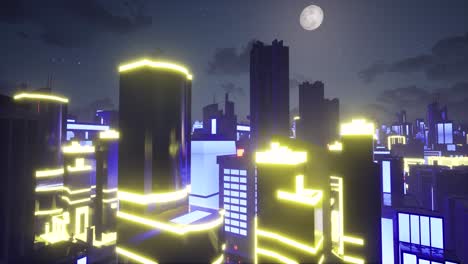 Sci-Fi-Stadt-Mit-Hellen-Bunten-Neonlichtern-In-Der-Nacht-Mit-Großem-Mond-Und-Leuchtenden-Sternen-3D-Animationskamera-Dolly-Oben