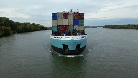 View-Of-Forward-Bow-Of-Tripoli-Cargo-Ship-Navigating-Oude-Maas