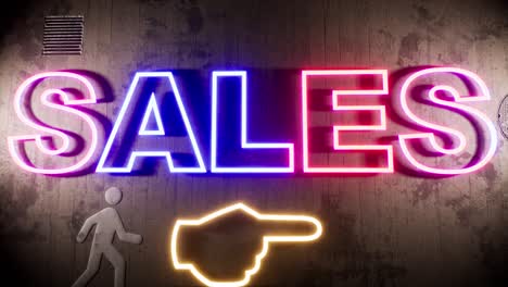 Sales-neon-sign,-on-a-concrete-wall,-with-cracks-and-dirt-all-over,-metal-plates,-and-dripping-water,-with-color-changing-neon-letters,-3D-animation-camera-zooms-out