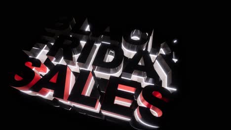 Black-Friday-sales-sign-on-black-background,-with-black-and-red-letters,-neon-light-behind-them,-glossy-materials,-and-reflections,-3D-animation-camera-fly-above