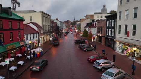 Aerial-establishing-shot-of-Main-Street-in-historic-downtown-Annapolis-Maryland