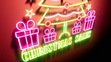 Christmas-sales-neon-sign-with-neon-Christmas-tree,-ornament-balls,-and-presents,-with-neon-colorful-lights-changing-colors,-3D-animation-camera-zoom-out