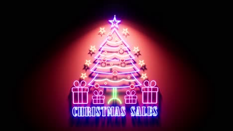 Weihnachtsverkauf-Leuchtreklame-Mit-Neon-Weihnachtsbaum,-Zierkugeln-Und-Geschenken,-Mit-Bunten-Neonlichtern,-Die-Die-Farben-ändern,-3D-Animationskamera-Zoomt-Langsam-Heran