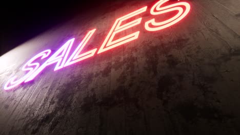 Sales-neon-sign,-on-a-concrete-wall,-with-cracks-and-dirt-all-over,-an-exit-sign,-and-color-changing-neon-letters,-3D-animation-camera-zoom-out-from-below