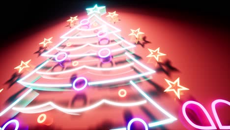 Christmas-sales-neon-sign-with-neon-Christmas-tree,-ornament-balls,-and-presents,-with-neon-colorful-lights-changing-colors,-3D-animation-camera-zoom-below