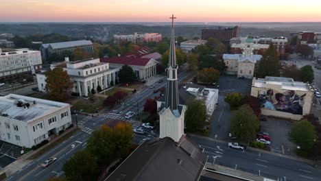 Aerial-orbit-of-Christian-church-steeple-reveals-Athens-Georgia-downtown