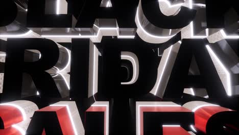 Black-Friday-sales-sign-on-black-background,-with-black-and-red-letters,-neon-light-behind-them,-glossy-materials,-and-reflections,-3D-animation-camera-zoom-out