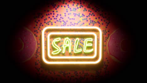 Sale-neon-sign-on-a-glossy-red-wall-with-colorful-mosaic-and-reflections,-colorful-neon-lights-changing-colors,-3D-animation-camera-zooming-in