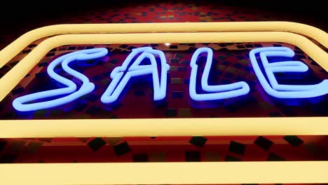 Sale-neon-sign-on-a-glossy-red-wall-with-colorful-mosaic-and-reflections,-colorful-neon-lights-changing-colors,-3D-animation-camera-zooming-out