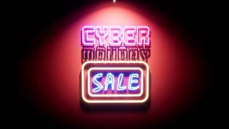 Cyber-Monday-sale-neon-sign-on-a-glossy-red-wall-with-reflections,-colorful-neon-lights-changing-colors-and-blinking,-3D-animation-camera-zooming-in
