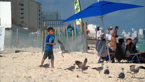 Young-latin-child-feeding-the-seagulls-at-the-beach-in-Cancun