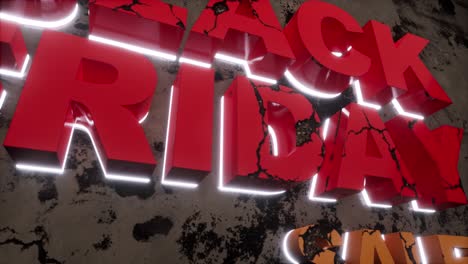 Black-Friday-Verkaufsschild-Im-Grunge-Stil,-Auf-Betonwand,-überall-Mit-Rissen-Und-Schmutz,-Mit-Roten-Buchstaben-Und-Neonlicht-Dahinter,-3D-Animationskamera-Zoomt-Von-Der-Seite-Heraus