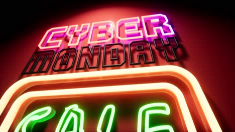 Cyber-Monday-sale-neon-sign-on-a-glossy-red-wall-with-reflections,-colorful-neon-lights-changing-colors-and-blinking,-3D-animation-camera-zooming-out-from-below