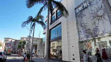 POV-driving-past-Dior-and-Burberry-high-end-stores-on-Rodeo-drive-wealthy-shopping-street,-California