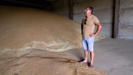 Ein-Weizenbauer-Ist-In-Seinem-Getreidelager-Zu-Sehen,-Nachdem-Es-Im-Sommer-In-Der-Ukraine-Von-Seinen-Weizenfeldern-Geerntet-Wurde
