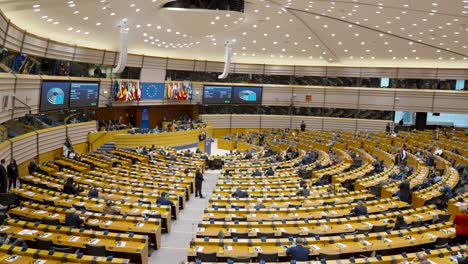 A-general-view-of-the-hemicycle-during-a-plenary-session-in-Brussels,-Belgium---Static-shot