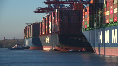 Containerschiffe,-Die-Am-Terminal-Angedockt-Sind,-Schlepper,-Die-Ein-Schiff-Schieben,-Ein-Kleines-Boot,-Das-Vorbeifährt,-Beschleunigen,-Totale,-Wirtschaft,-Import,-Export,-Markt,-Handel,-Symbol