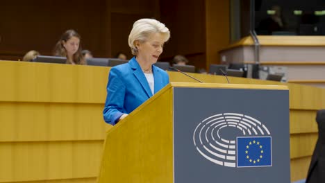 Close-up-of-Ursula-van-der-Leyen-talking-in-the-European-Parliament-plenary-session-in-Brussels,-Belgium