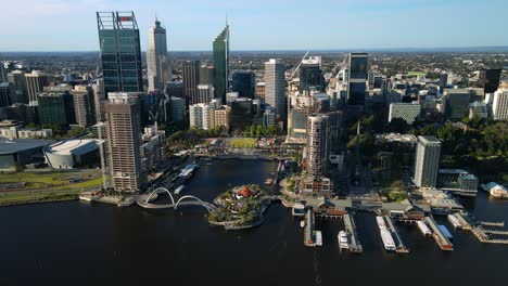 Perth-city,-on-a-partly,-sunny-day,-in-Australia---Aerial,-orbit,-drone-shot