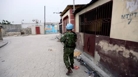 Brazilian-soldier-patrol-in-a-streets-of-Port-au-Prince,-Haiti,-UN-peacekeeping-mission
