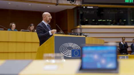 President-of-the-European-Council-Charles-Michel-speeching-in-the-European-Parliament-in-Brussels,-Belgium---Close-up,-slowmotion
