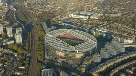 Rising-pan-down-shot-of-Arsenal-football-stadium-during-a-game