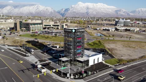 Carvana-Car-Dealership-Building-in-Lehi,-Utah---Aerial-Orbit