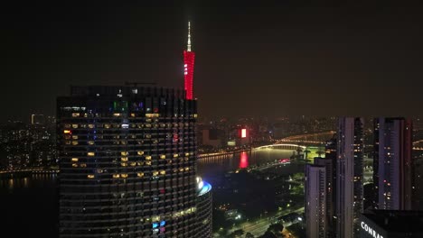 Downtown-of-Guangzhou-city-at-night-with-Canton-tower,-Perl-River-in-background-during-lock-down