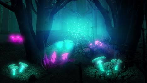 A-magical-night-in-the-Enchanted-Woods,-lit-up-with-a-blue-glow-from-glittering-cloud-of-tiny-blue-faires,-fluttering-excitedly,-with-glowing-mushrooms-and-plants-dotted-across-the-forest-floor