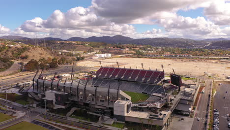 The-new-Snapdragon-football-stadium-in-Mission-Valley,-drone-orbit