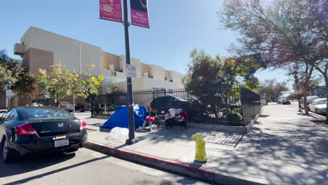 Homeless-makeshift-tents-on-a-street-corner-in-San-Diego-at-Goodwill-Store