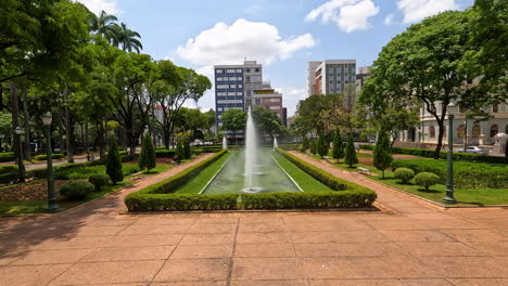 Walking-Through-Liberty-Square-Alongside-Fountains-And-Walking-Around-Pavilion-In-Belo-Horizonte,-Brazil