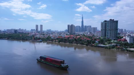Aerial-video-of-Ho-Chi-Minh-City,-Vietnam-from-Thao-Dien-featuring-Saigon-River-and-key-buildings-of-the-skyline-with-blue-sky