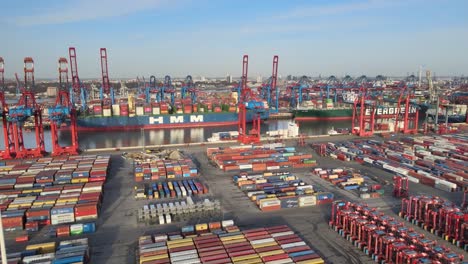 Hamburg-port-congested-with-containers,-supply-chain-crisis,-aerial-dolly-in