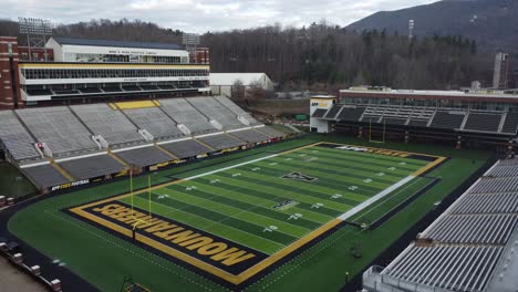 Appalachian-State-Football-Field,-Kid-Brewer-Stadium-Forward-Aerial,-Boone,-North-Carolina