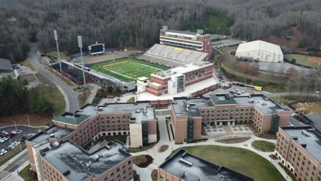 Appalachian-State-Football-Aerial-of-Kidd-Brewer-Stadium-with-new-Dorms-in-shot,-Boone,-NC