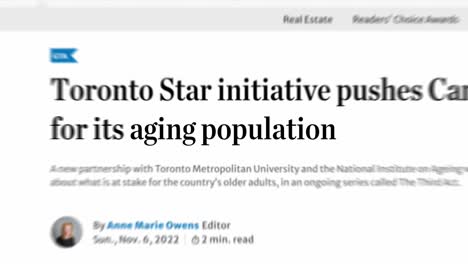 Animation-of-news-headlines-on-aging-population-rapidly-changing,-zooming-in