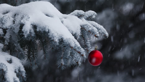 Close-up-of-red-Christmas-ball-hanging-on-tree-outside-during-heavy-snowfall
