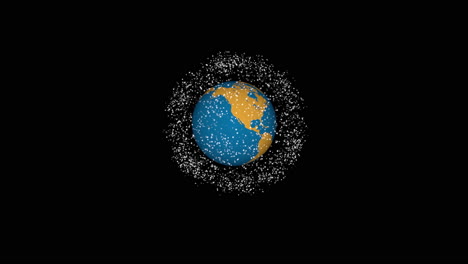 Cloud-of-satellites-orbiting-around-rotating-Earth-on-black-background,-Seamless-loop