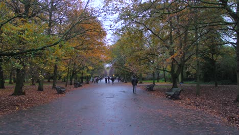 Shot-of-locals-walking-over-the-road-through-Regent's-Park-with-in-London,-England-on-wet-cloudy-day-during-autumn-season